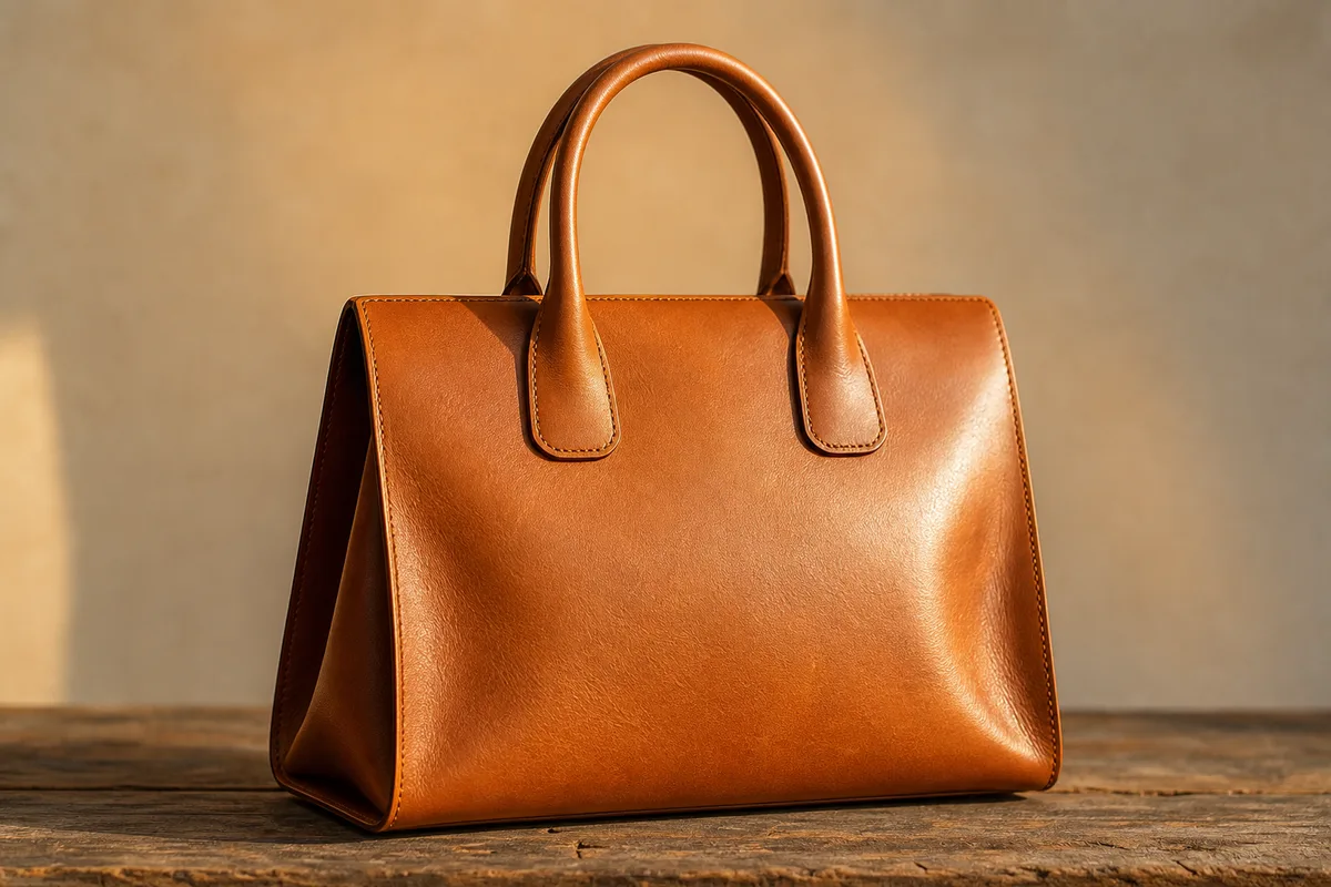 Sac en cuir naturel neuf à la surface ferme et rigide posé sur une table en bois