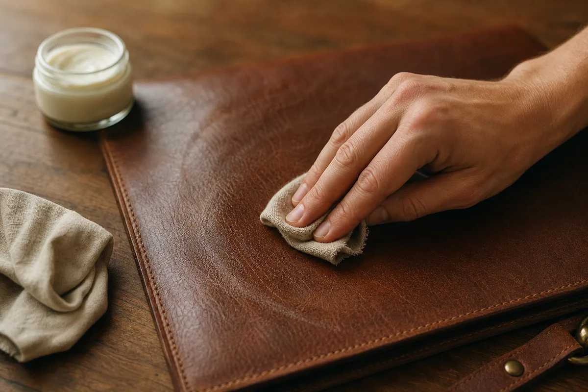 Application d’une crème nourrissante en couche fine sur un cuir avec un chiffon doux, mouvements circulaires