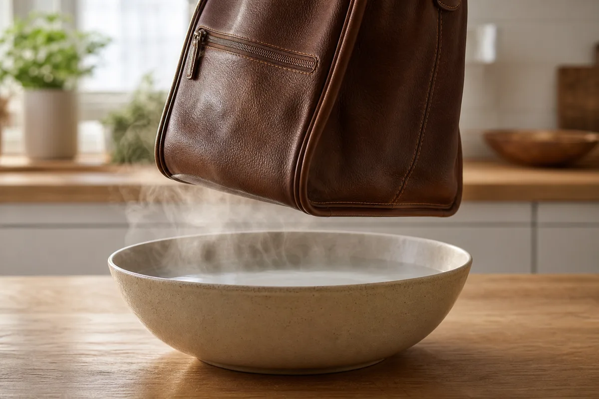 Sac en cuir suspendu au-dessus d’un bol d’eau chaude fumante, sans contact avec l’eau, pour détendre les fibres