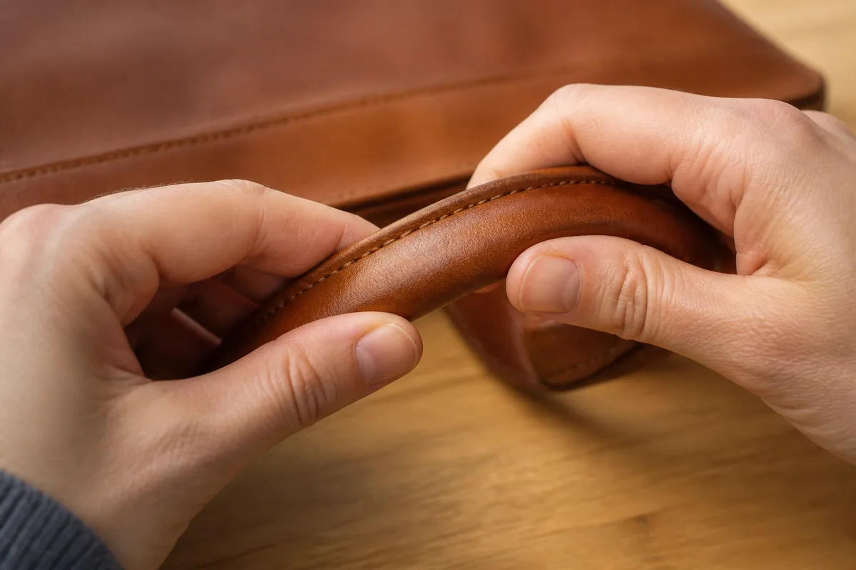 Mains assouplissant une anse de sac en cuir par flexions douces, geste de massage des fibres