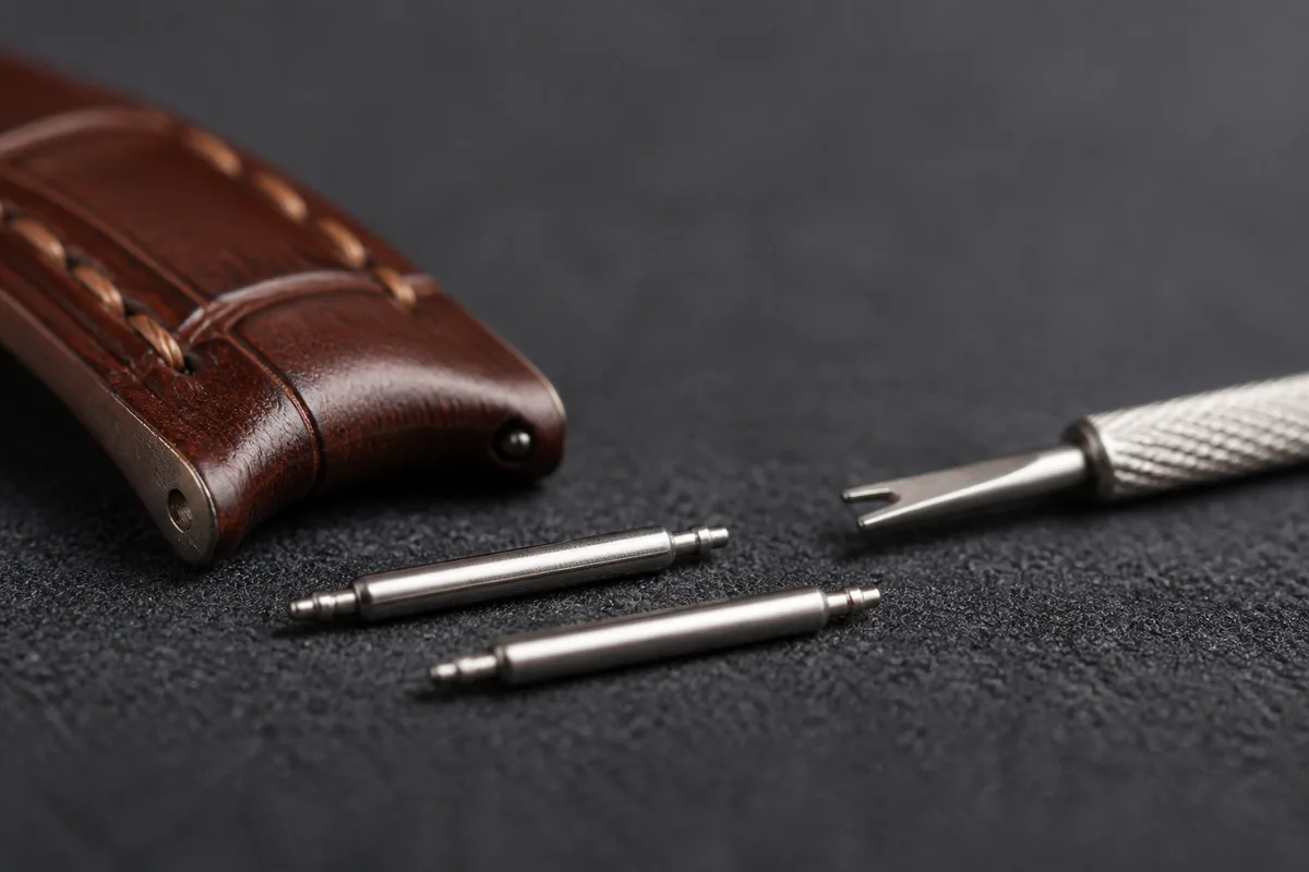 Bracelet de montre en cuir brun posé à plat près d’un boîtier acier