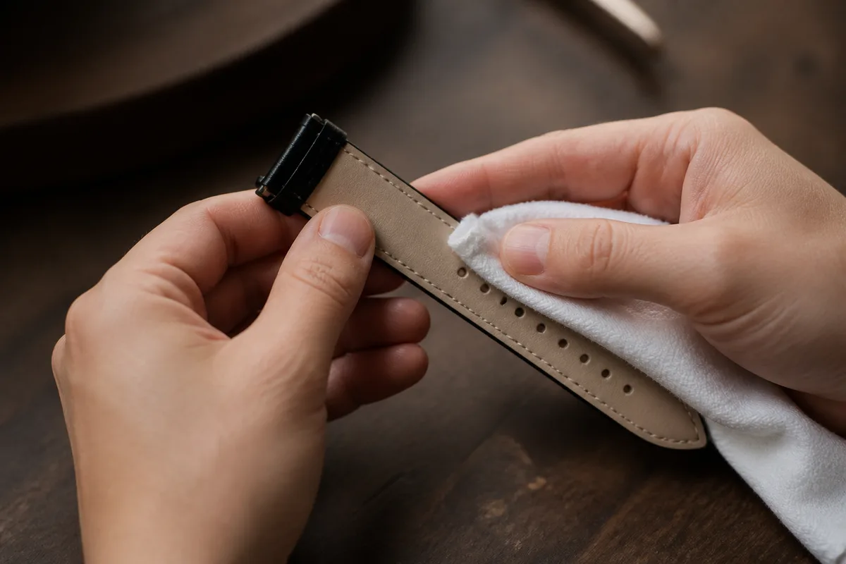Mains passant un chiffon doux sur la doublure d’un bracelet de montre