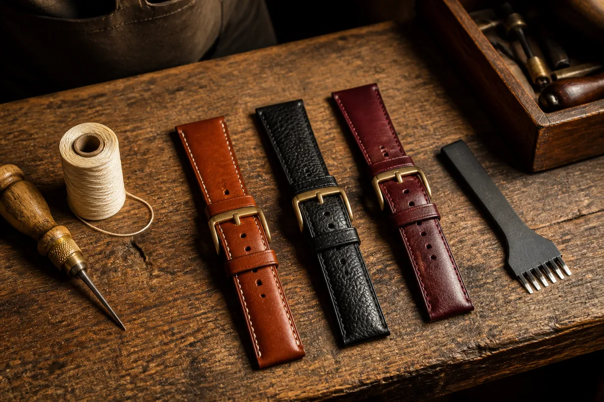 Établi de maroquinier avec bracelets de montre en cuir et outil à fourche
