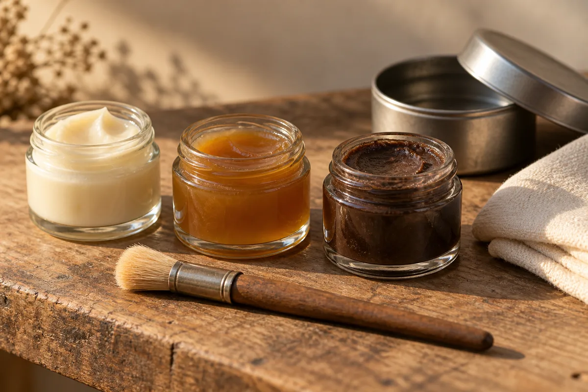Pots en verre unis de crème et de baume alignés près d’un chiffon de coton