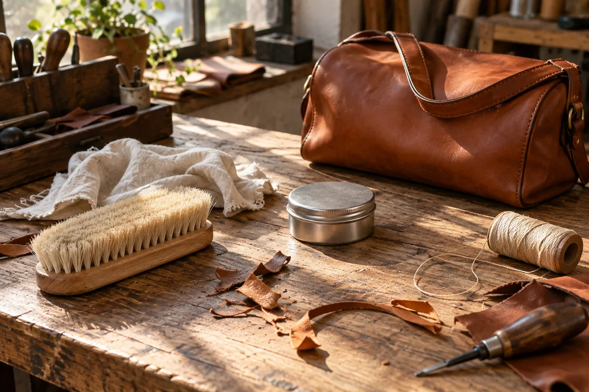 Brosse à reluire et chiffon de coton posés sur un établi d’atelier