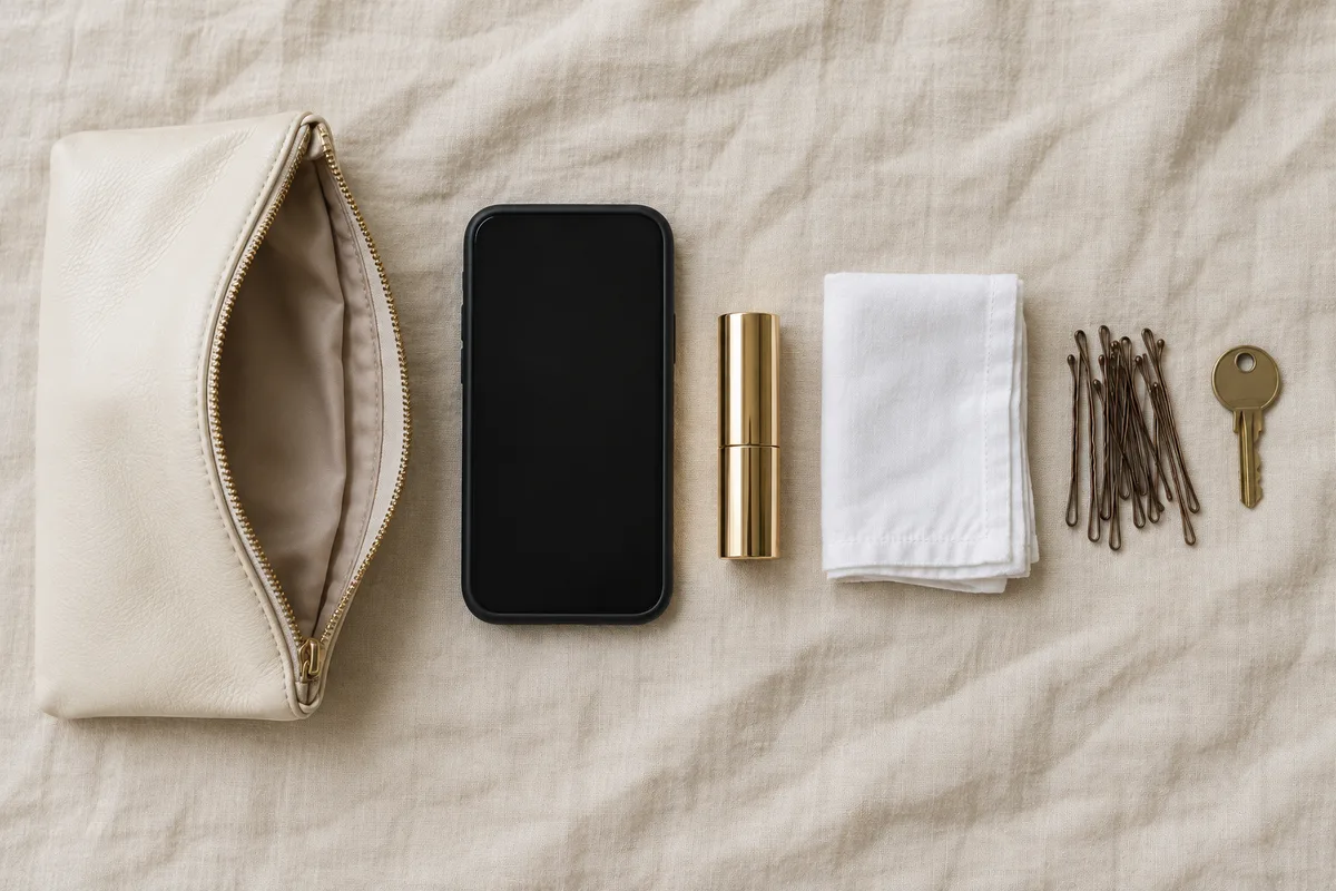 Pochette en cuir clair posée à plat sur un tissu écru, à côté d&rsquo;un téléphone, d&rsquo;un rouge à lèvres et d&rsquo;épingles à cheveux