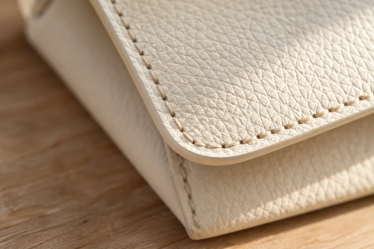 Détail macro du grain d&rsquo;un cuir de chèvre ivoire et de la tranche peinte d&rsquo;un rabat de pochette