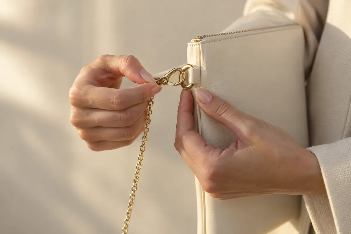 Mains clipsant une chaînette fine sur l&rsquo;anneau latéral d&rsquo;une pochette en cuir ivoire