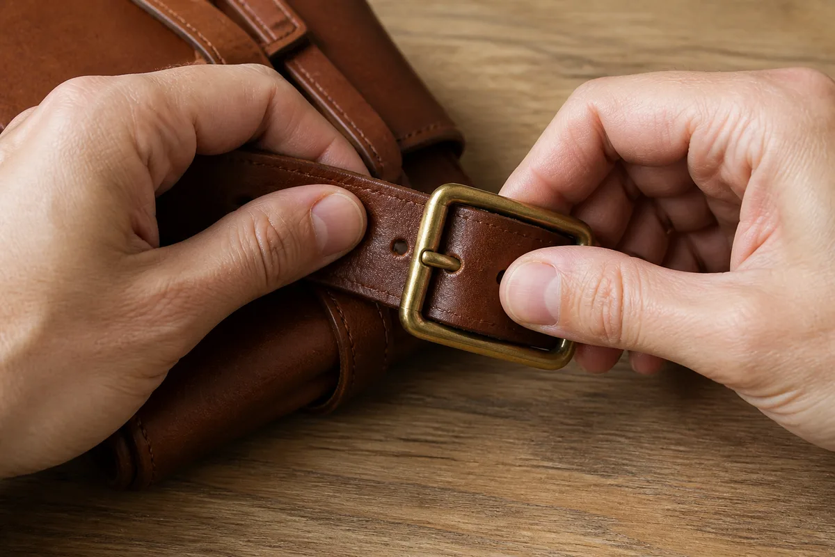 Mains réglant la boucle à ardillon d’une lanière en cuir sur un sac bandoulière posé à plat