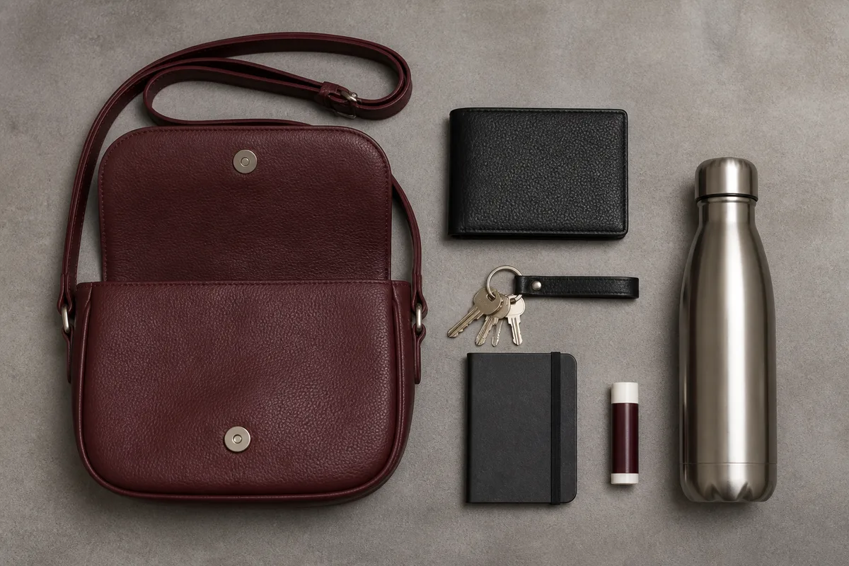 Sac bandoulière en cuir grainé posé près de son contenu quotidien, portefeuille, clés et carnet
