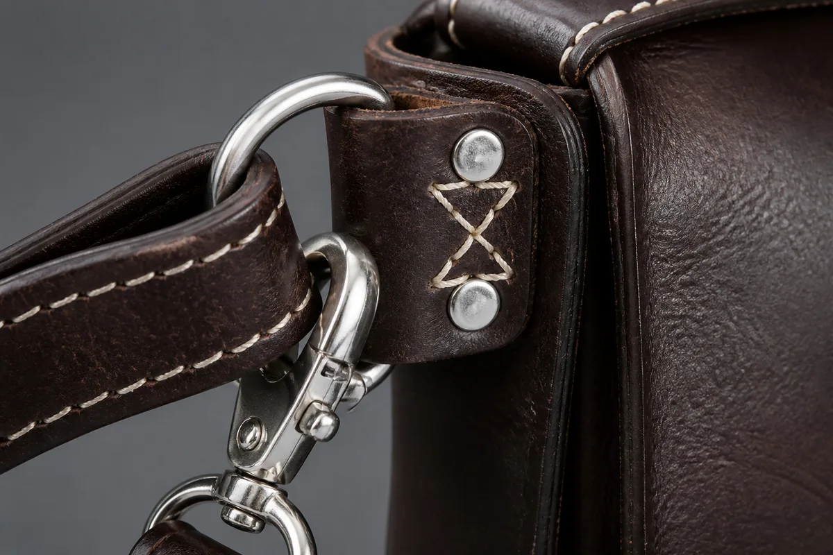 Détail macro d’une attache de sangle rivetée et cousue sur un sac en cuir brun