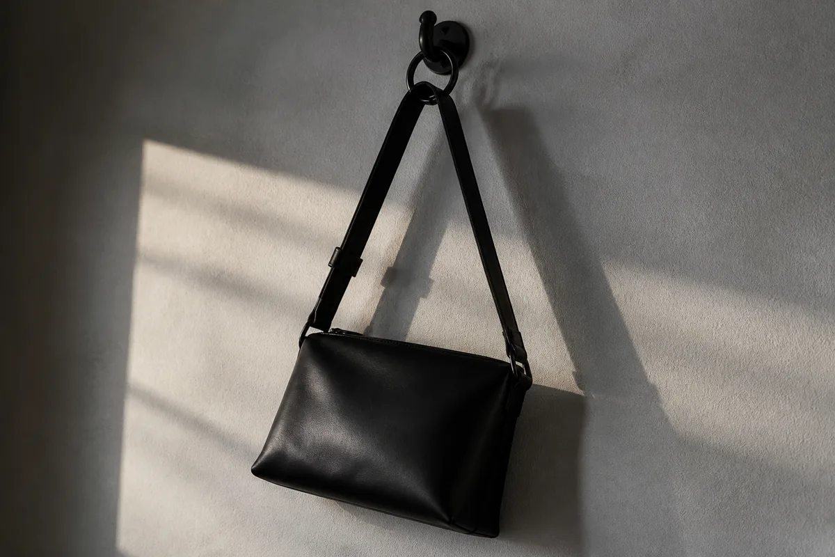 Sac en cuir suspendu à un crochet, sangle en tension au niveau de l’anneau d’attache